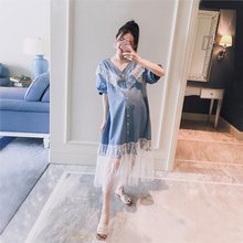 孕妇长款 连衣裙 V领下摆蕾丝拼接宽松时尚 2019夏装 韩版 新款 孕妇装