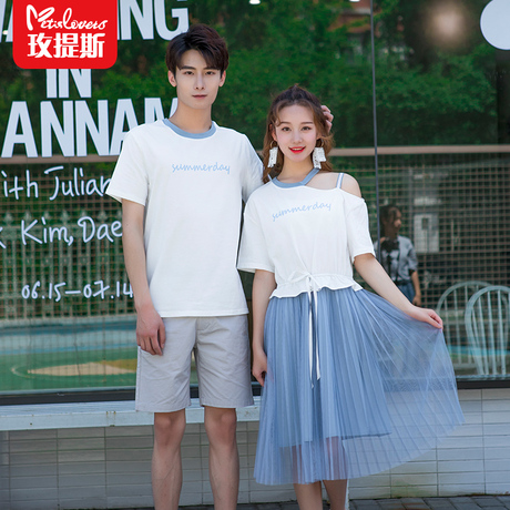 玫提斯情侣装夏装短袖T恤女裙子露肩连衣裙小清新时尚假两件商品大图