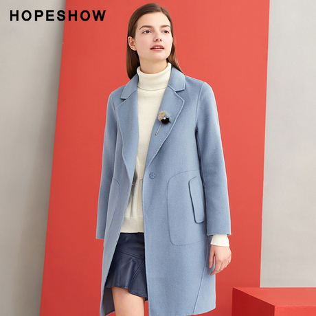 hopeshow大衣红袖冬季2018新款女装双面呢羊毛大衣中长款毛呢外套商品大图
