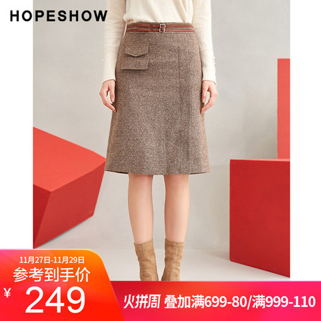 hopeshow半身裙红袖冬季2018新款裙子女装韩版直筒呢子半身裙女商品大图