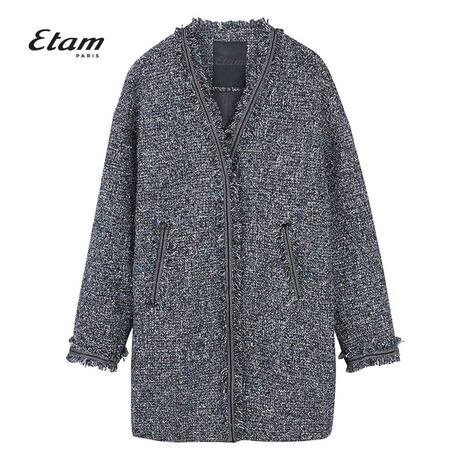 艾格Etam2018冬季新款女复古港风潮流毛边中长款大衣8E013412395商品大图