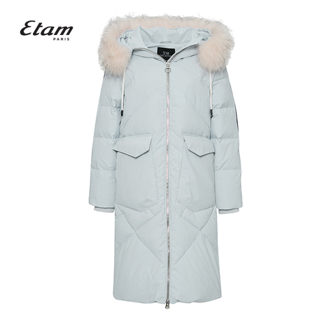 艾格Etam2018冬季新款女毛领连帽纯色拉链长款羽绒服8E203500537商品大图