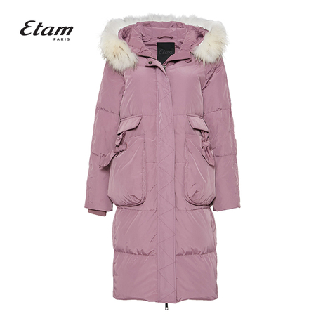 艾格Etam2018冬季新款女纯色毛领连帽中长款羽绒服8E013505408商品大图