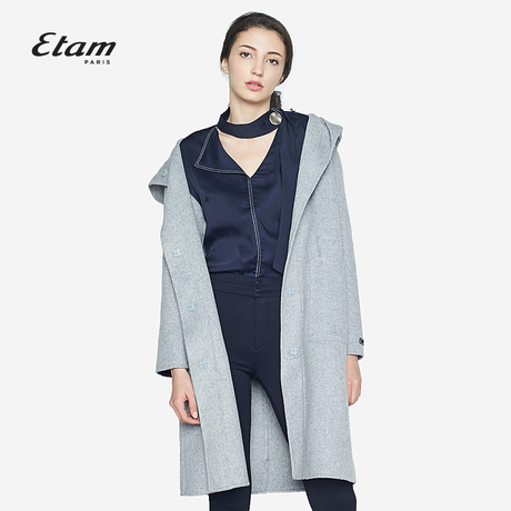 艾格Etam简约纯色时尚连帽韩版中长款大衣女8A013410962商品大图