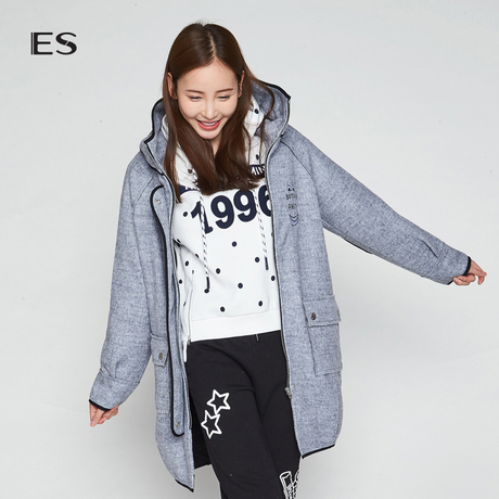 艾格ES休闲个性连帽拉链纯色休闲毛呢大衣女8A033403161商品大图