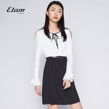 艾格Etam秋季新款纯色拼接收腰雪纺长袖短款连衣裙8E012200986图片