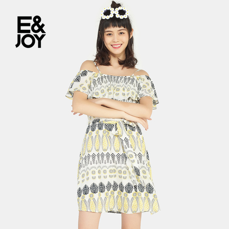 艾格E＆joy吊带一字领露肩雪纺连衣裙17082216488商品大图