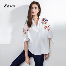艾格Etam夏季新款时尚精美刺绣印花简约五分袖衬衫女8A011403786图片