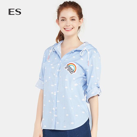 艾格ES休闲时尚条纹波点印花五分袖连帽韩版衬衫女潮17031416245商品大图