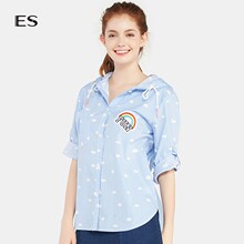 艾格ES休闲时尚条纹波点印花五分袖连帽韩版衬衫女潮17031416245图片