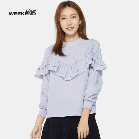 艾格Weekend时尚简约荷叶边细条纹圆领套头长袖衬衫女17021418551商品大图