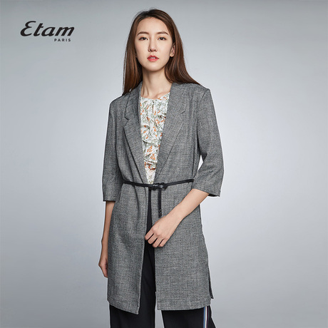 艾格Etam2018夏季格子中长款适中外套女8E012113395商品大图