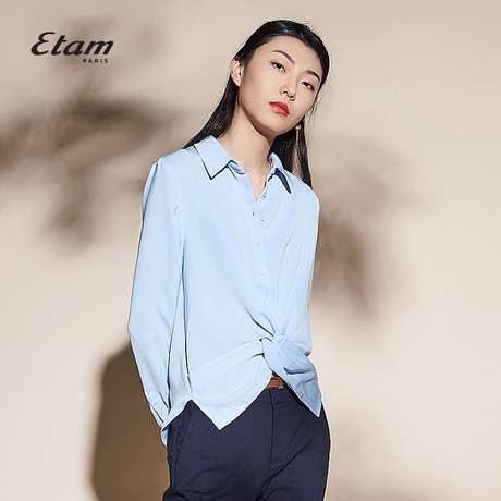 艾格Etam秋季新款时尚简约纯色牛仔长袖衬衫女8E011410147商品大图