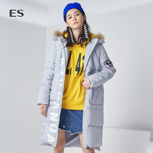 艾格ES冬季简约字母印花毛领连帽中长款羽绒服女8A033500562图片
