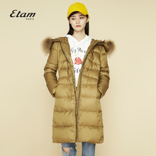 艾格Etam冬季休闲纯色加厚保暖毛领连帽中长款羽绒服女170135027图片