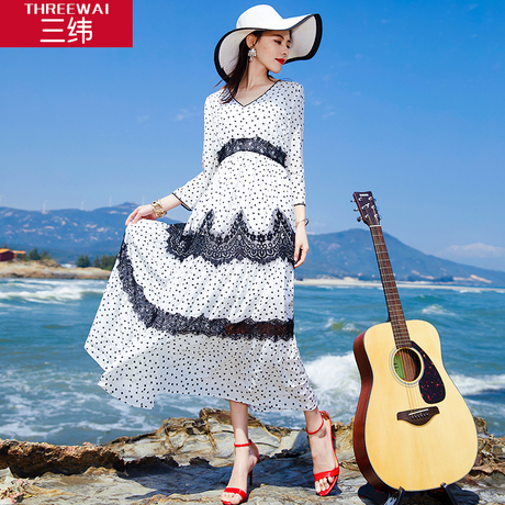三纬2019夏季新款波点桑蚕丝长裙女装度假显瘦高腰气质真丝连衣裙商品大图
