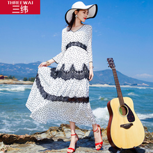 三纬2019夏季新款波点桑蚕丝长裙女装度假显瘦高腰气质真丝连衣裙图片
