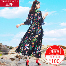 三纬2018夏季新款长款女装V领印花桑蚕丝长裙修身显瘦真丝连衣裙图片