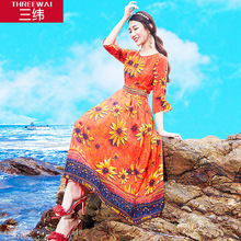 三纬2019夏季新款圆领高腰显瘦波西米亚度假真丝连衣裙荷叶袖长袖图片