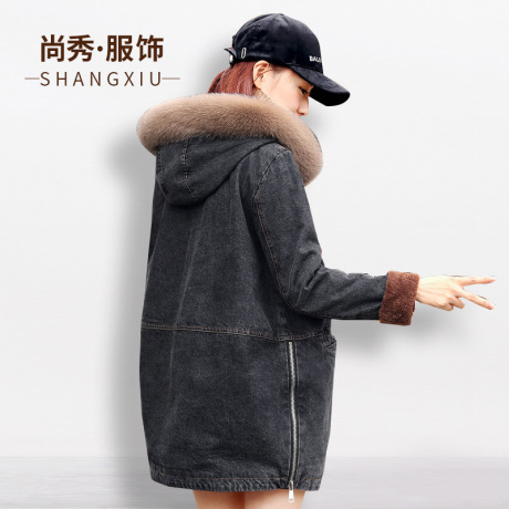 棉服女2018新款韩版羊羔毛牛仔外套冬加绒加厚棉袄女装中长款棉衣商品大图