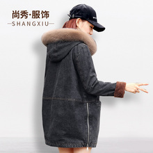 棉服女2018新款韩版羊羔毛牛仔外套冬加绒加厚棉袄女装中长款棉衣图片