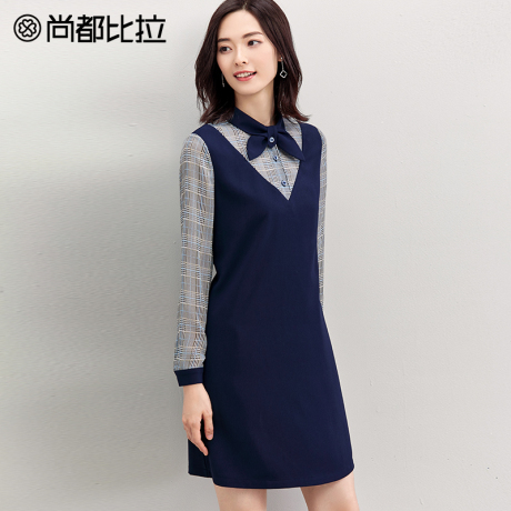 尚都比拉2018新款秋装复古英伦风衬衫袖拼接蝴蝶结假两件连衣裙女商品大图