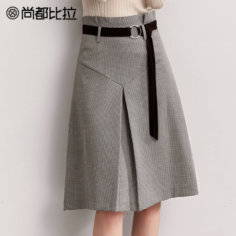 【8折价158元】可拆卸腰带复古千鸟格压褶显瘦A字中裙半身裙女商品大图