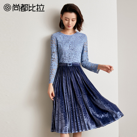 尚都比拉女裙子2018新款秋装复古丝绒拼接修身显瘦透视蕾丝连衣裙商品大图