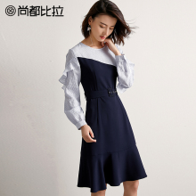 【8折价262元】可拆卸腰带拼接显瘦木耳边灯笼袖假两件连衣裙图片