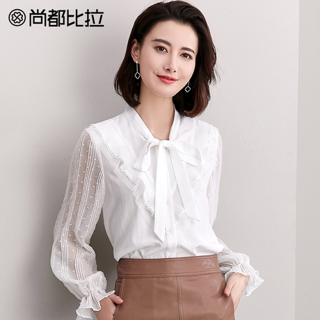 尚都比拉2018秋新绑带蝴蝶结喇叭袖显瘦拼接透视网纱纯色雪纺衬衫商品大图