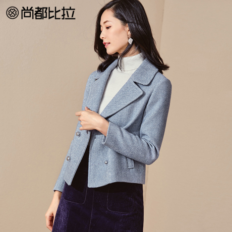 尚都比拉2018新款秋装气质西装领双排扣人字纹简约短款毛呢外套女商品大图