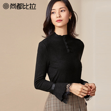 【8折价127元】尚都比拉半高领拼接蕾丝边喇叭袖显瘦针织长袖T恤图片