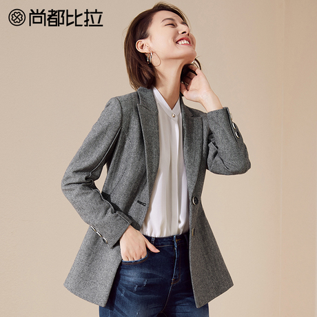 【8折价：318元】尚都比拉人字纹可拆卸腰带收腰修身显瘦西装外套商品大图