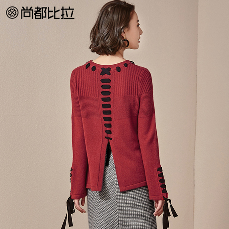 【8折价：238元】尚都比拉蝴蝶结系带拼接喇叭袖小心机显瘦毛衣商品大图