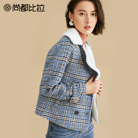 【8折价318元】尚都比拉复古双排扣撞色韩版休闲百搭短款毛呢外套商品大图