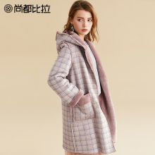【8折价398元】尚都比拉复古格子双排扣拼接宽松连帽中长款棉服女图片