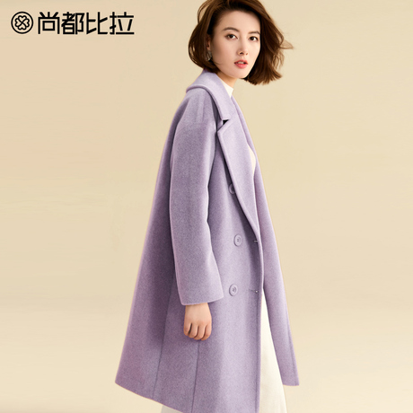 【双11预售】尚都比拉韩版中长款复古双排扣纯色慵懒落肩毛呢外套商品大图