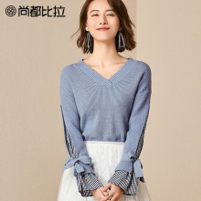 【双11预售】尚都比拉显瘦V领复古格子拼接喇叭袖蝴蝶结毛针织衫图片