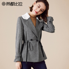 【双11预售】尚都比拉拼接毛绒领喇叭袖系带收腰短款羊毛呢子外套图片