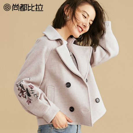 【双11预售】尚都比拉复古绣花插肩袖气质双排扣短款羊毛呢外套女商品大图
