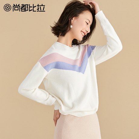 【8折价214元】尚都比拉简约撞色毛衣韩版慵懒风落肩休闲毛针织衫商品大图