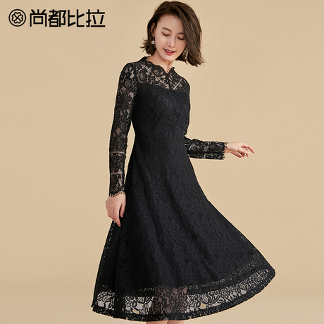 尚都比拉2018冬季新款气质高腰纯色优雅淑女透视性感蕾丝连衣裙女商品大图
