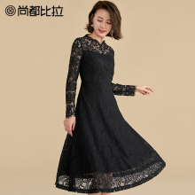 尚都比拉2018冬季新款气质高腰纯色优雅淑女透视性感蕾丝连衣裙女图片