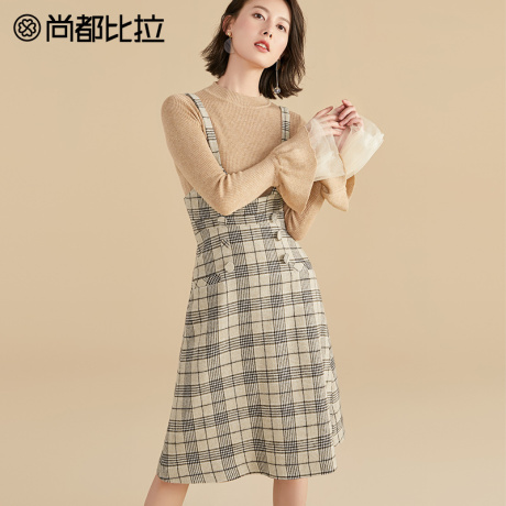 【8折价238元】尚都比拉2018冬新款高腰显瘦千鸟格子吊带连衣裙女商品大图