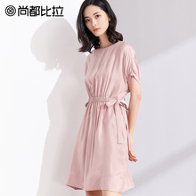【惠】纯色圆领气质法式少女连衣裙短袖收腰a字裙女2018新款夏图片
