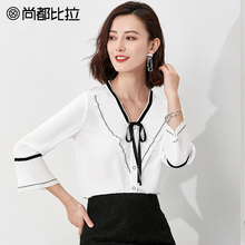 尚都比拉2018简约轻熟女上衣秋气质V领七分袖蝴蝶结绑带撞色雪纺图片
