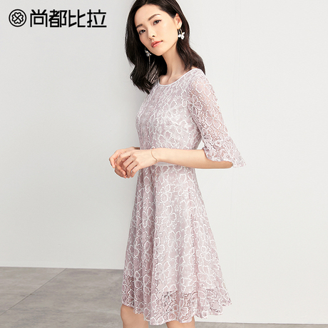 尚都比拉气质蕾丝连衣裙轻柔减龄仙女裙荷叶边五分袖中长裙通勤风商品大图