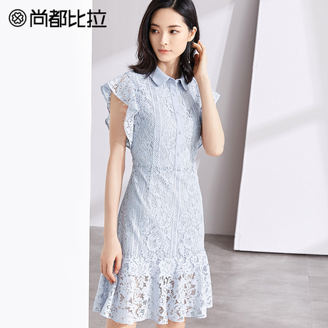 尚都比拉方领衬衫式仙气连衣裙荷叶边小个子蕾丝裙气质轻熟鱼尾裙商品大图