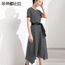 【惠】2018夏新款圆领短袖针织裙子女不规则裙摆显瘦条纹连衣裙图片
