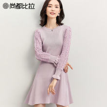 尚都比拉2018新款秋季女裙高腰伞型纯色显瘦拼接蕾丝针织连衣裙图片